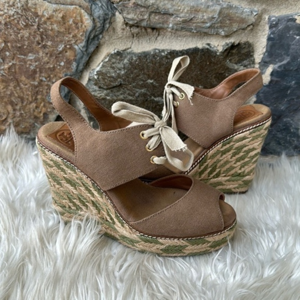 Tory Burch crossover platform espadrille wedge sandal size 7